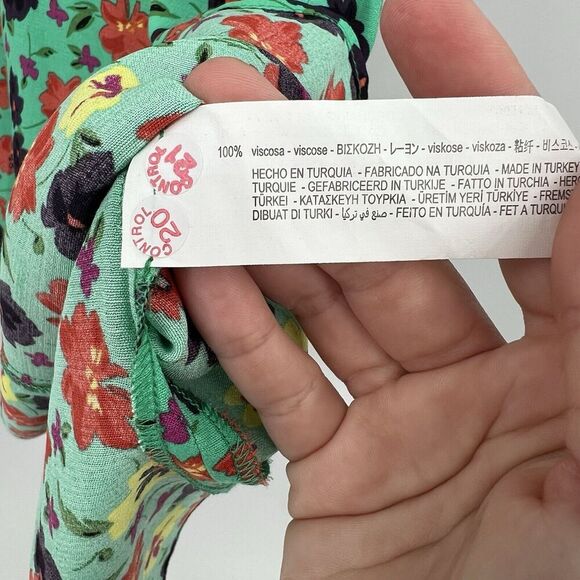 Zara Green Floral‎ Mini Dress 3/4 Length Ruched Sleeves Tie Back Size XS NWT - Picture 9 of 9